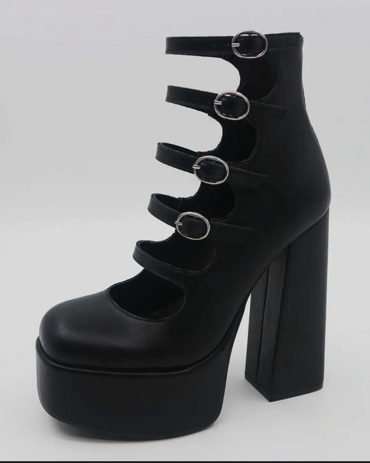 Faux Leather Strappy Mary Jane Platform Heels